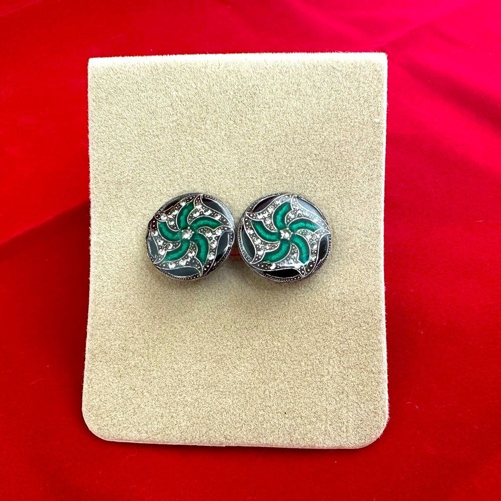 PIERRE BEX Vintage Green & Black Enamel Art Deco Clip on Earrings Geometric